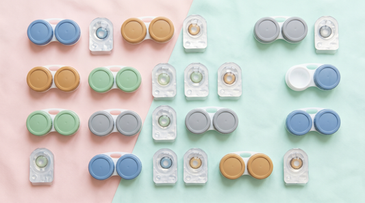 Flat lay of colored contact lens packs in blue, hazel, green and gray