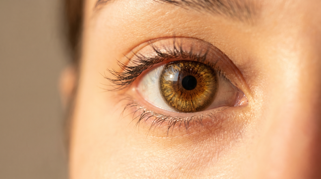 Natural-looking honey amber colored contact lens blending with a brown eye